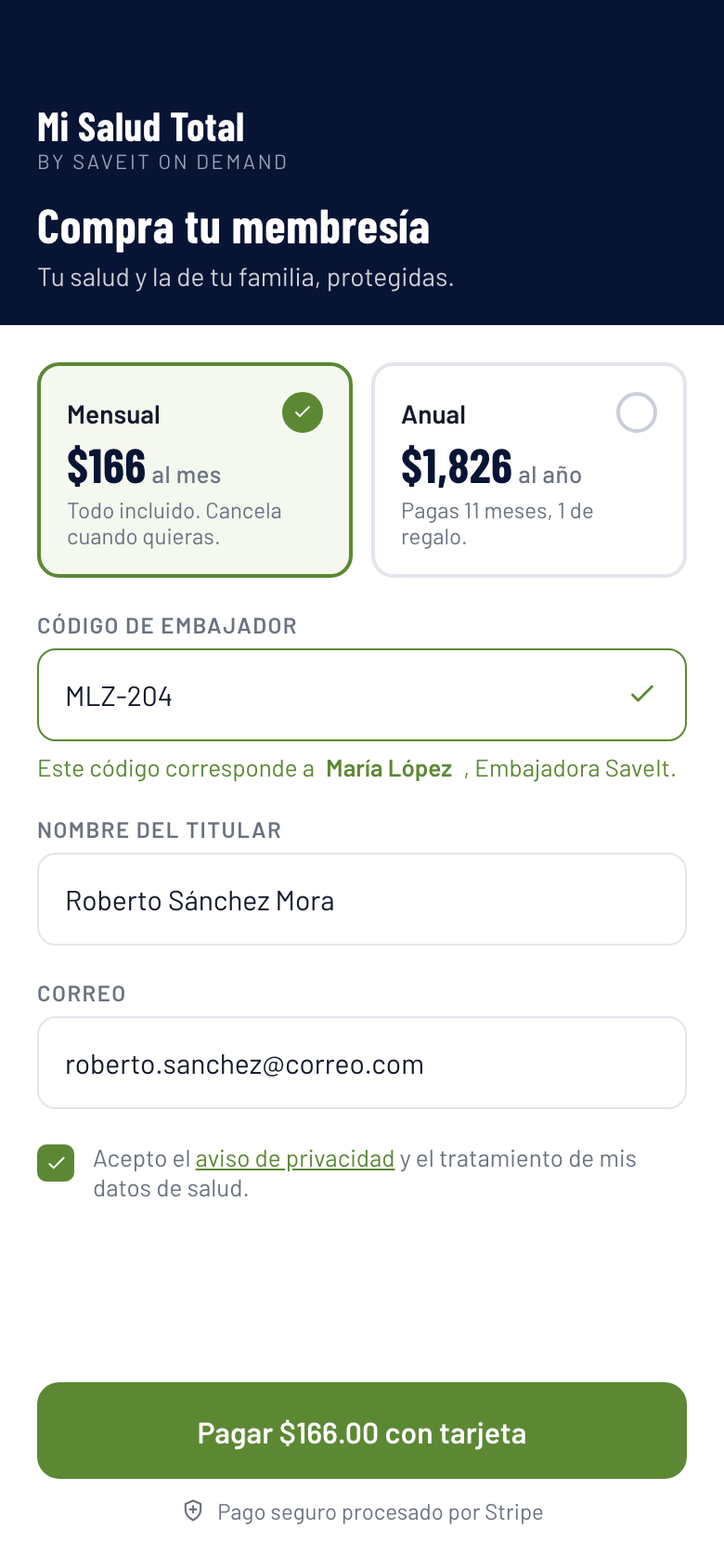 Compra web con código de embajador